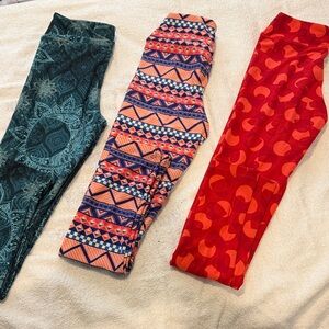 3 pair NWOT LuLaRoe Kids Leggings Set in Teal, Coral Multi, and Red
